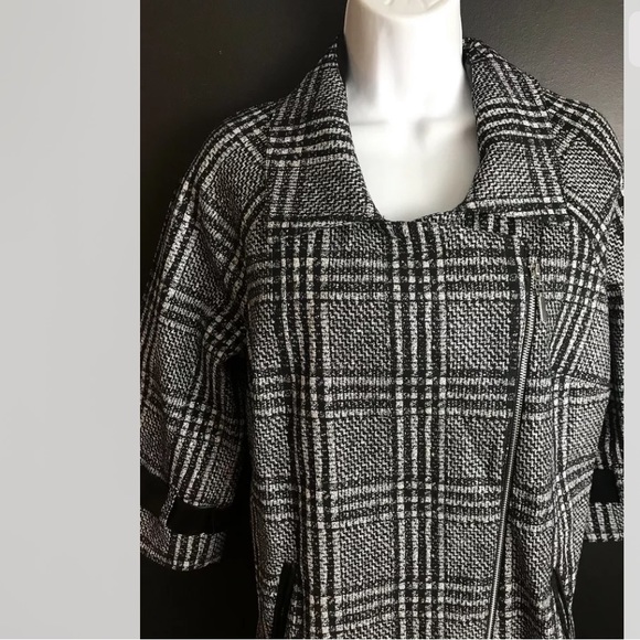 New JOSEPH RIBKOFF Glen Plaid Jacket Coat Black Silver Asymmetrical Zipper - Picture 7 of 13